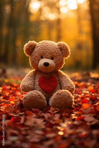 Cozy Autumnal Teddy Bear Scene - Holding Red Heart, Golden Backlight, Valentine's Day Concept