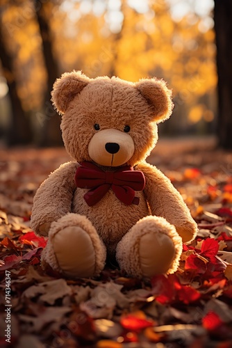 Cozy Autumnal Teddy Bear Scene - Holding Red Heart, Golden Backlight, Valentine's Day Concept © Ivy