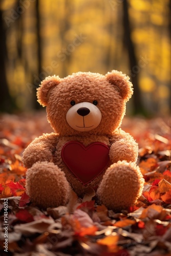 Cozy Autumnal Teddy Bear Scene - Holding Red Heart, Golden Backlight, Valentine's Day Concept © Ivy