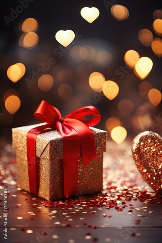 Festive Red Gift Box with Golden Glitter - Magical Bokeh Background, Valentine's Day Concept