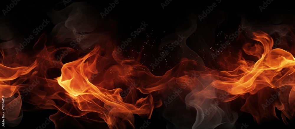 Close up of fire flames with smoke on a black background. Generate AI image