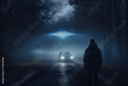 Man encounters aliens in foggy forest road at night.