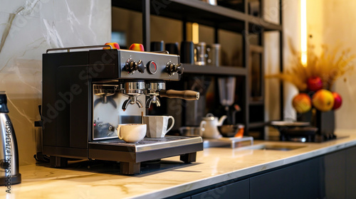  an espresso machine sitting on top of a counter next to a coffee pot and a coffee cup on top of a saucer next to a coffee maker.