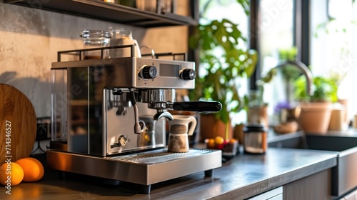  a stainless steel espresso machine sitting on top of a counter next to a potted plant and a cutting board with oranges next to the espresso machine. © Anna