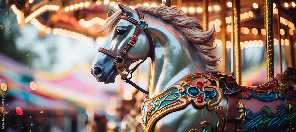 Colorful carousel in motion with vibrant lights and lively details captured under dynamic lighting