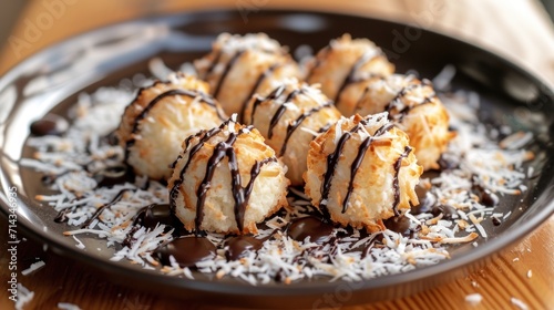  a plate of desserts with chocolate drizzled on the top of them and shredded coconut on the bottom of the plate and on top of the plate.