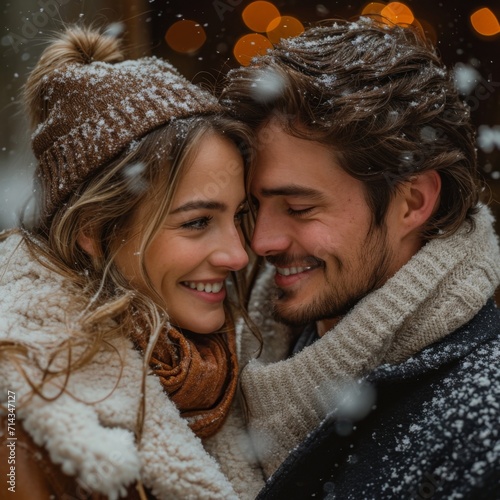 heartwarming image of a surprise proposal during a winter snowfall, with the engagement ring glistening against the snowy backdrop