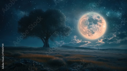  a painting of a full moon with a tree in the foreground and a field in the foreground with grass in the foreground  and a hill in the foreground.