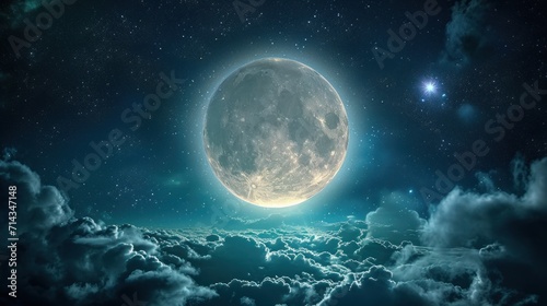  a full moon rising above the clouds in the night sky with a bright star in the middle of the sky and a bright star in the middle of the night sky.
