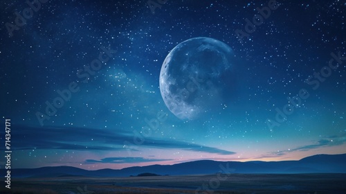  a full moon in the night sky with a mountain range in the foreground and a distant mountain range in the distance with a blue sky filled with stars and clouds.
