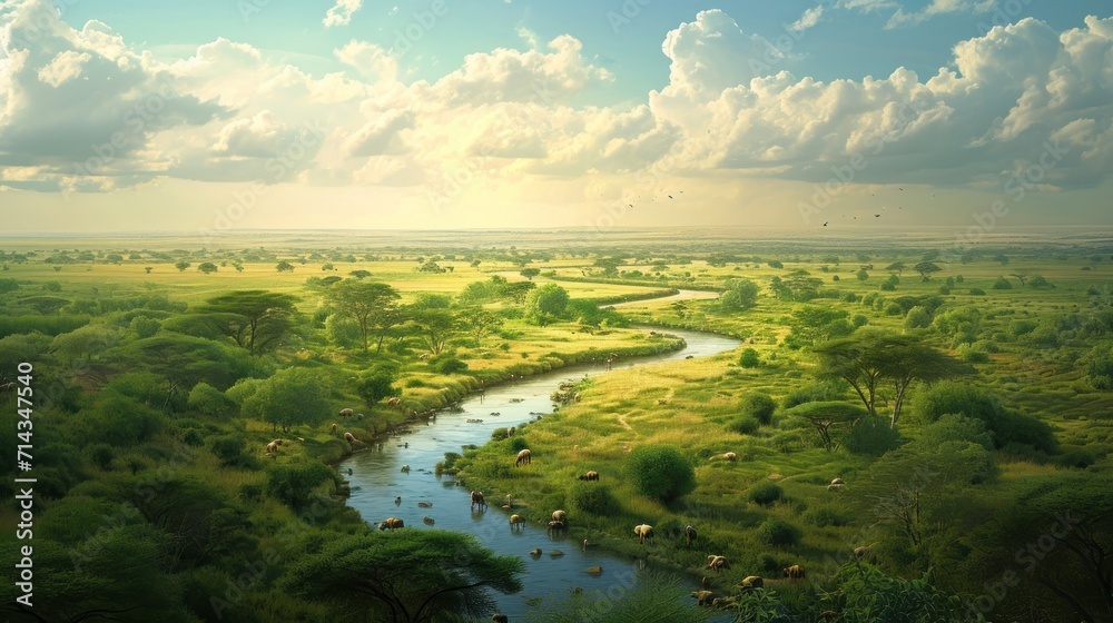 an aerial view of a river running through a lush green field under a blue sky with white clouds and a few sheep grazing on the grass in the foreground. an aerial view of a river running through a lush green field under a blue sky with white clouds and a few sheep grazing on the grass in the foreground.