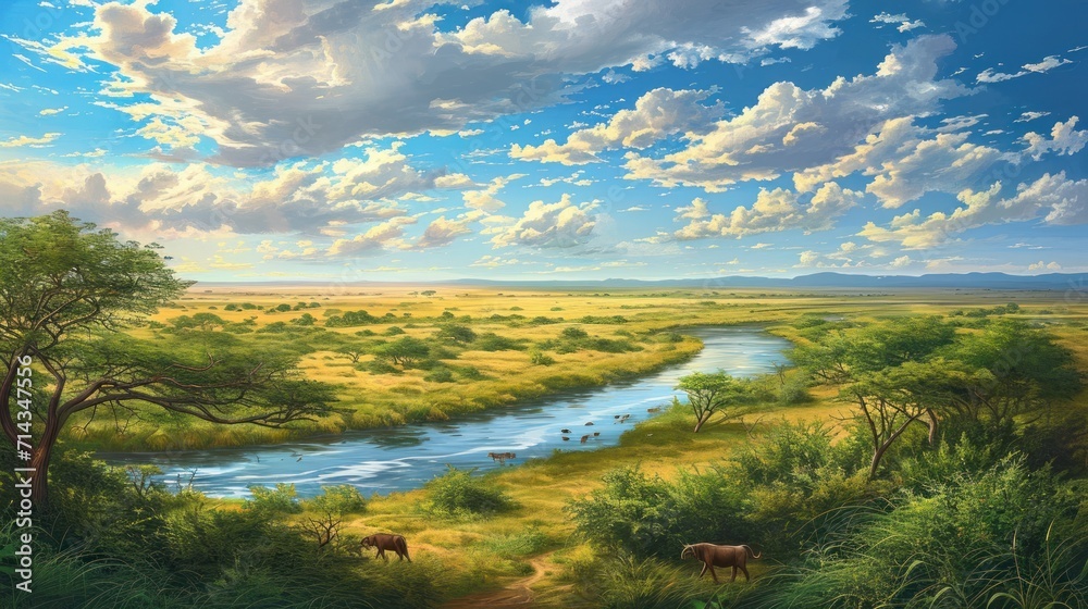 Obraz premium a painting of a river running through a lush green field next to a lush green field with trees and grass on both sides of it and a cloudy blue sky with white clouds.