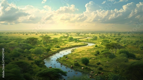  an aerial view of a river running through a lush green field under a blue sky with white clouds and a few sheep grazing on the grass in the foreground.