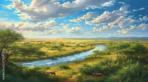  a painting of a river running through a lush green field next to a lush green field with trees and grass on both sides of it and a cloudy blue sky with white clouds.