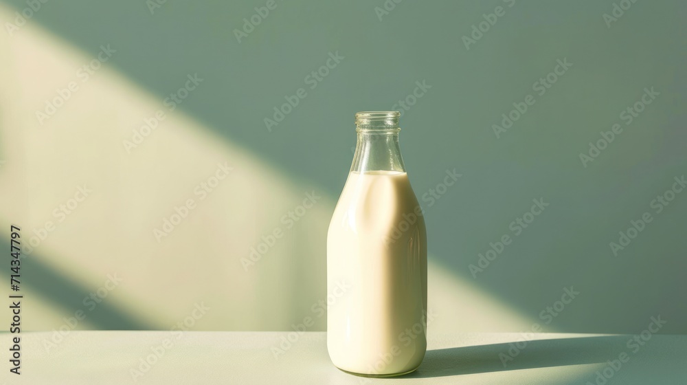 a bottle of milk sitting on a table with a shadow cast on the wall behind it and a shadow cast on the wall behind the bottle of milk on the table. a bottle of milk sitting on a table with a shadow cast on the wall behind it and a shadow cast on the wall behind the bottle of milk on the table.