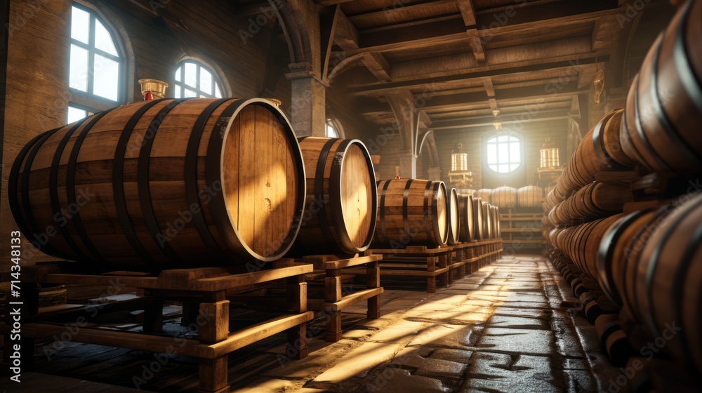 Old wine cellar with wooden barrels. AI Generated Old wine cellar with wooden barrels. AI Generated