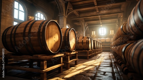 Old wine cellar with wooden barrels. AI Generated