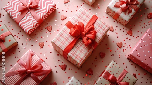 Red and Pink Gift Boxes Array - Celebratory and Joyful Presentation, Valentine's Day Concept