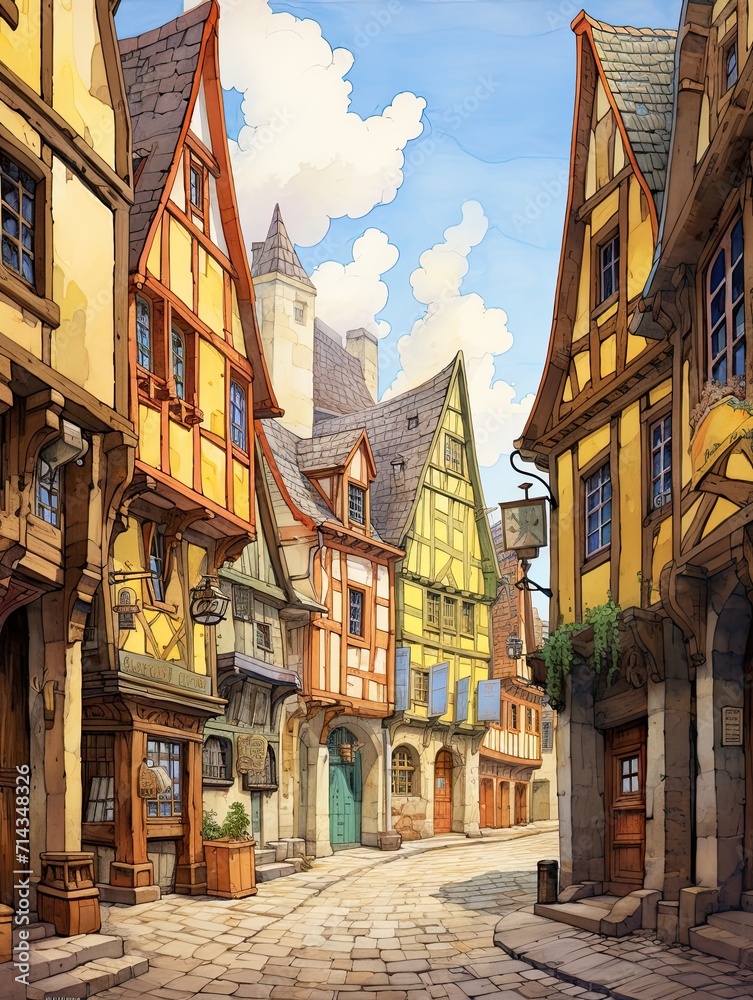 Fototapeta premium Picturesque European Streets: Nostalgic Town Tours and Vintage Art Prints