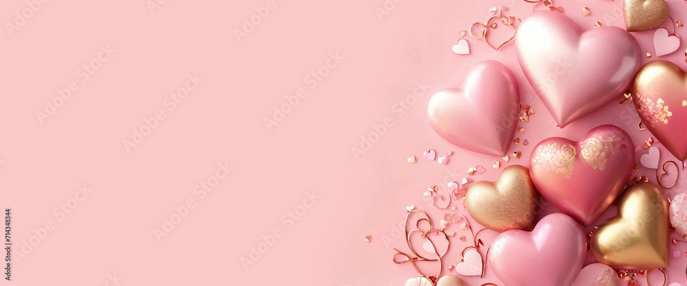 Pink and gold hearts foil balloons with gifts on pink Valentines Day Pink and gold hearts foil balloons with gifts on pink Valentines Day