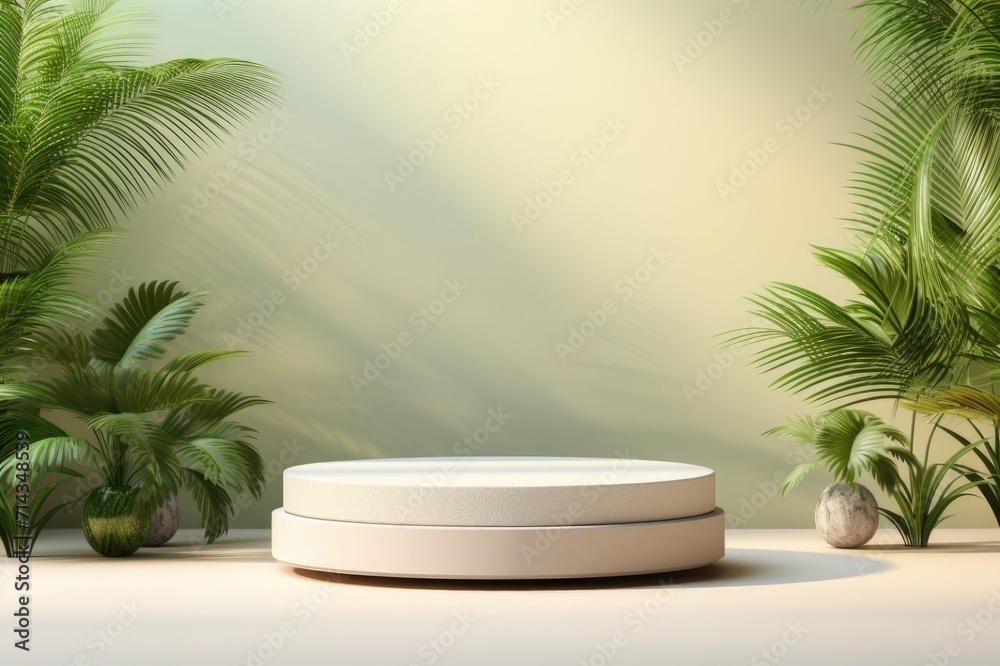 Wooden podium in tropical forest for product presentation and green background. Wooden podium in tropical forest for product presentation and green background.
