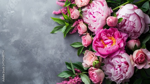 Fototapeta Naklejka Na Ścianę i Meble -  Peonies and roses on neutral background