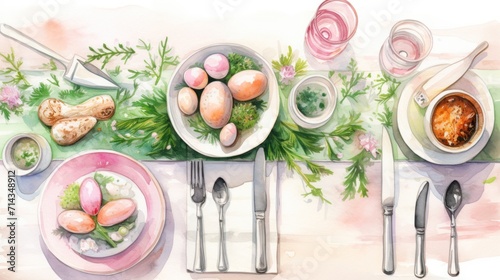 Easter brunch table with painted eggs and spring decorations. Watercolor illustration. Concepts of Easter celebration, watercolour art, festive decorations, and springtime dining.