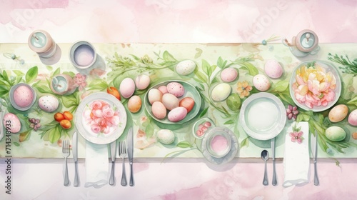 Easter brunch table with painted eggs and spring decorations. Watercolor illustration. Concepts of Easter celebration, aquarelle art, festive decorations, and springtime dining.