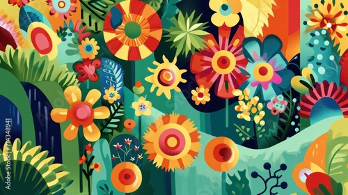  a painting of colorful flowers and plants on a blue and green background with a red, yellow, orange, and pink flower arrangement in the center of the image.