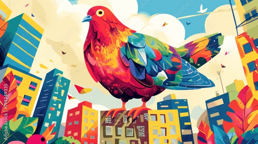  a colorful bird sitting on top of a building in the middle of a city with tall buildings and birds flying over the top of the buildings in the foreground.