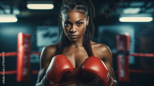 African American confident female boxer with red gloves in a boxing ring. Close up. Concept of female strength, combat training, and athletic discipline. photo