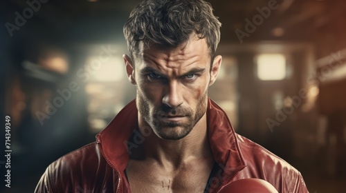 Serious male boxer with a scar in a red robe ready for a match. Concept of strength, determination, and readiness for competition in boxing.