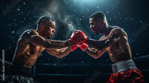 Two African American boxers in a ring, one landing a punch. Intense boxing match moment. Concept of athletic competition, the power of sport, and the peak action of boxing. © Jafree