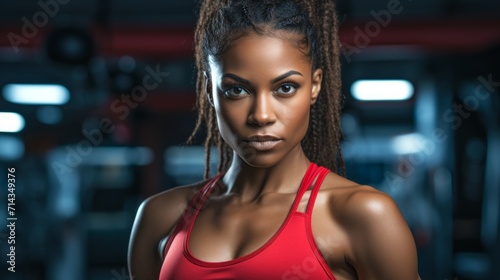 Athletic African American woman wearing a red top in a gym setting. Concept of determination, fitness dedication, and empowerment.