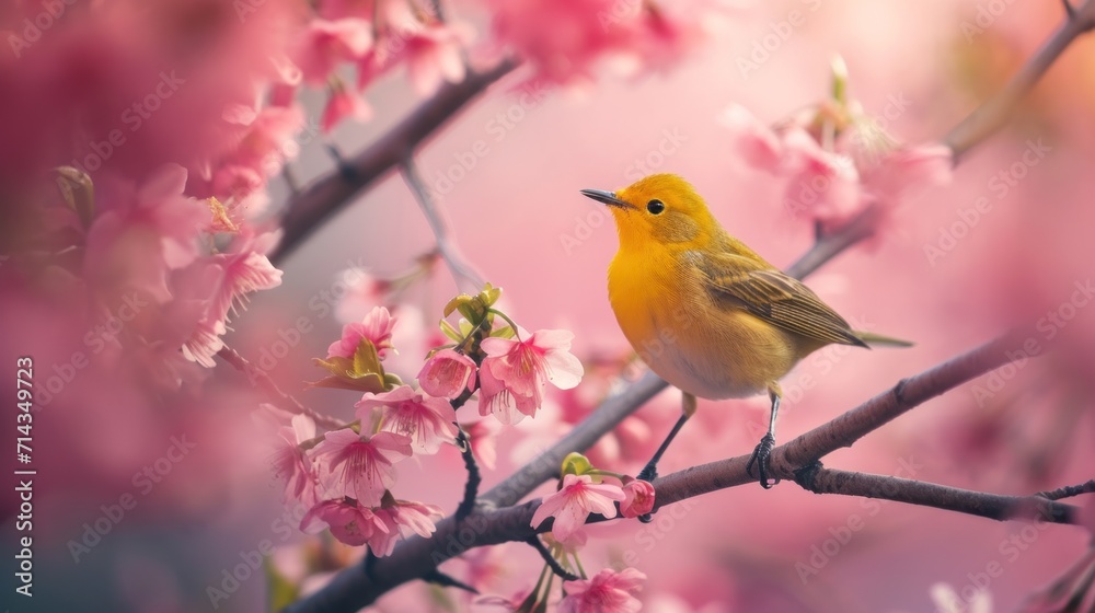  a small yellow bird sitting on a branch of a tree with pink flowers in the foreground and a blurry background of pink blossoms in the foreground of the foreground.