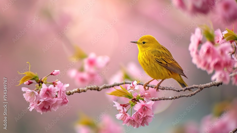  a yellow bird sitting on a branch of a tree with pink flowers in the foreground and a blurry background of pink flowers in the foreground, with a soft focus.