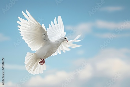 A white dove soaring against a clear blue sky