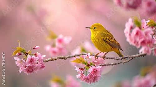  a yellow bird sitting on a branch of a tree with pink flowers in the foreground and a blurry background of pink flowers in the foreground, with a soft focus.