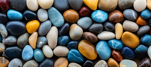 Close up of vibrant beach pebbles with smooth textures and vibrant hues under radiant sunlight.