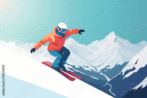 skier on the slope on mountains,  flat minimalistic illustration © Maria Tatic