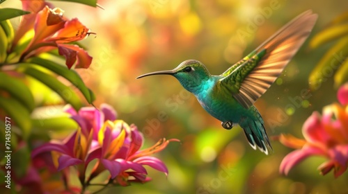  a bird that is flying in the air with a flower in the foreground and another bird in the background with a blurry background of pink and yellow and red flowers.
