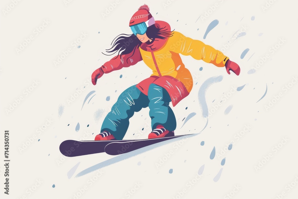 woman skiing on the slope, flat minimalistic illustration woman skiing on the slope, flat minimalistic illustration