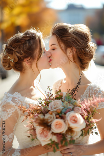 A same-sex couple beams with happiness on their wedding day. Both are wearing elegant wedding clothes and their eyes are shining with love and joy. photo