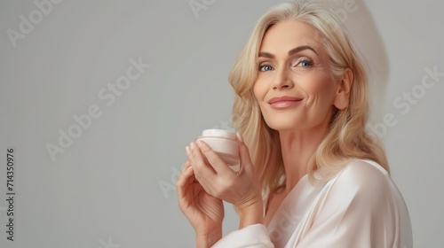 beautiful middle-aged adult woman with face and skin cream in her hands, taking care of the skin and preventing aging, fighting wrinkles photo