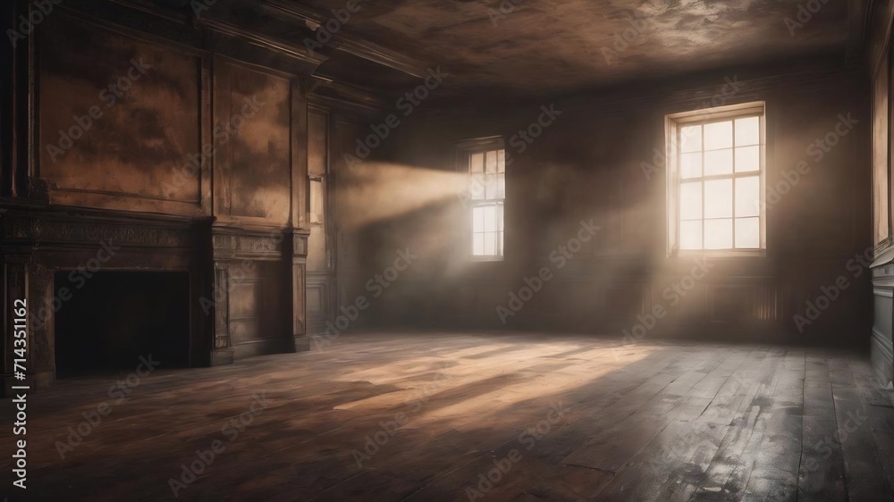 3d grunge room interior with spotlight and smoky atmosphere background