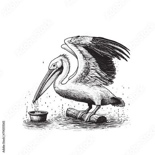 Hand Drawn Illustration of a Pelycan drinking water photo