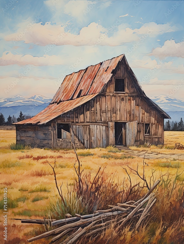 Obraz premium Rustic Barn and Farmland Views: Vintage Cottage Wall Art and Countryside Painting
