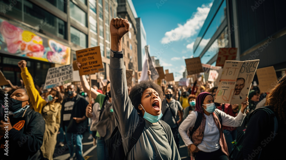 Fototapeta premium A street protest with a diverse crowd of people holding signs and raising their fists. The demonstrators are wearing masks, and the atmosphere is one of solidarity and activism.