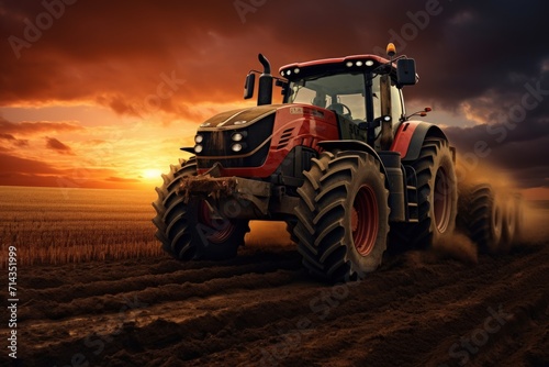 Big heavy tractor on the field in golden sky sunset view. Generate AI image