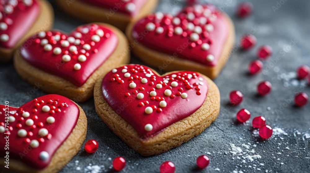 Glossy Red Heart Cookies - Homemade Touch on Grey Background, Valentine's Day Concept